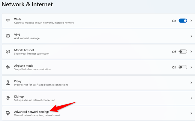 Cliquez sur "Paramètres réseau avancés" sur le "Réseau et Internet" page.