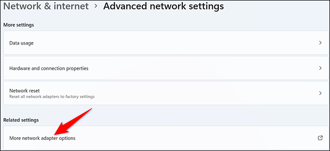 Sélectionner "Plus d'options d'adaptateur réseau" sur le "Paramètres réseau avancés" page.
