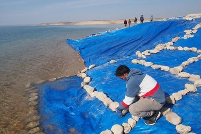 Une fois que l'équipe de recherche a terminé son travail, l'excavation est largement recouverte de plastique...