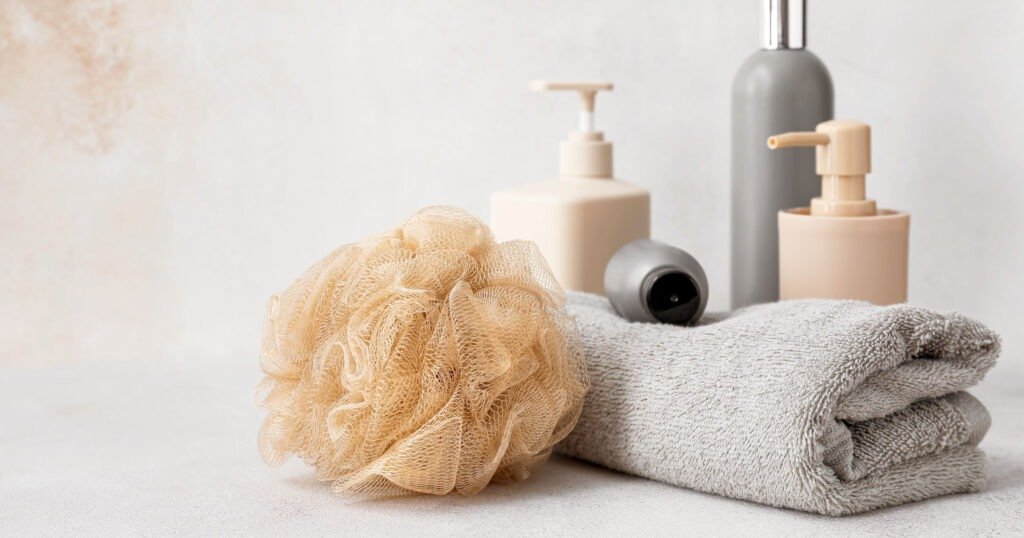 Savons de serviettes en luffa et autres produits essentiels pour le bain sur une table