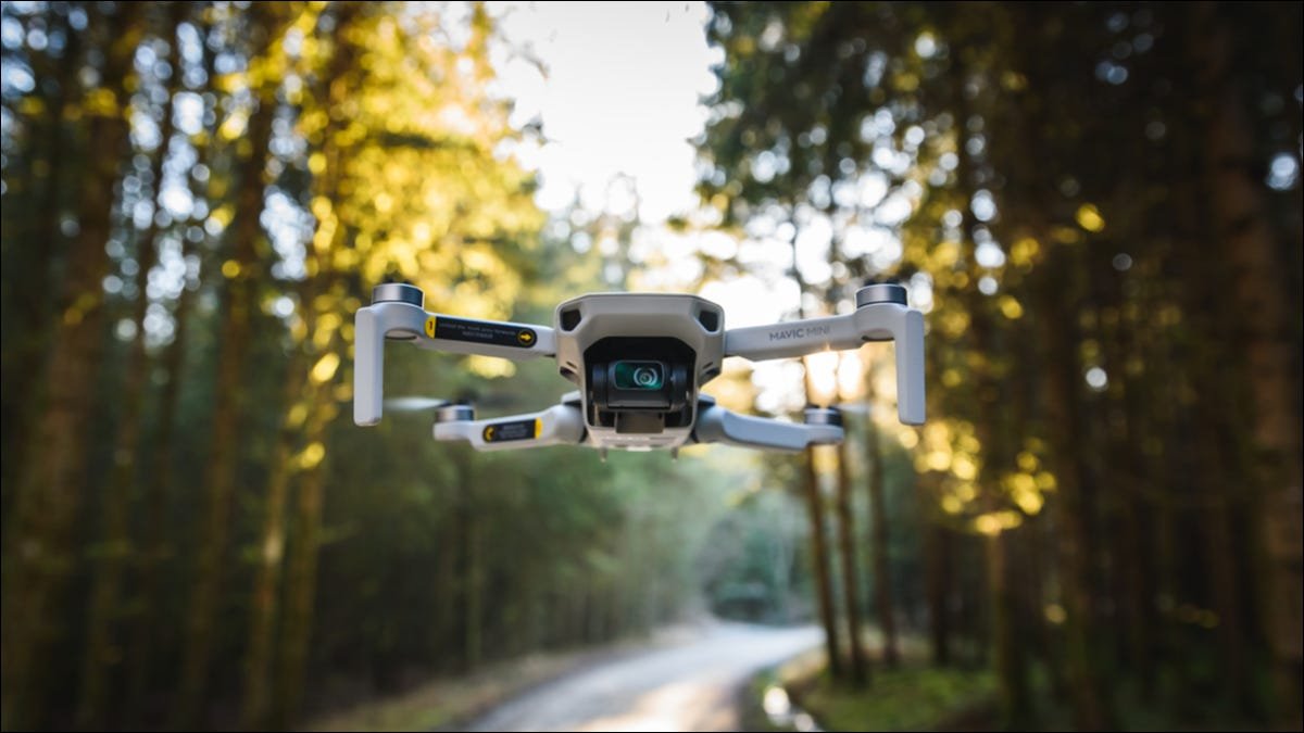 Un drone survolant une route à travers une zone boisée.