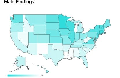 Une carte de tous les États des États-Unis avec différentes nuances de bleu. 