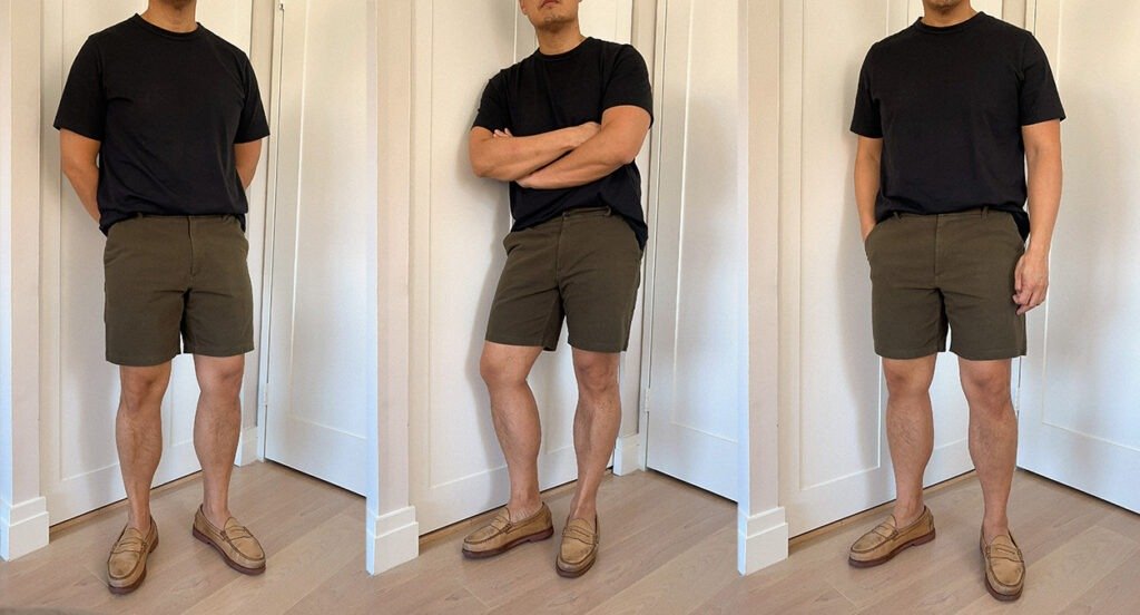 homme portant des t-shirts noirs et des shorts vert foncé d'Olivers