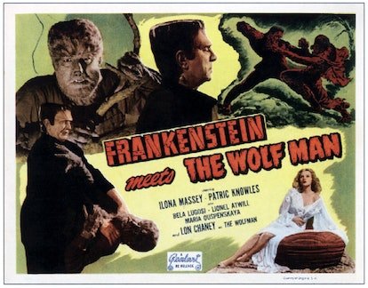 Frankenstein Meets The Wolf Man, lobbycard, en bas à gauche : Lon Chaney Jr, Bela Lugosi, Lon Chaney...