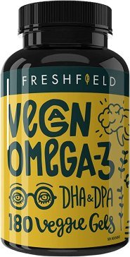 Amazon.com: Freshfield Vegan Oméga 3 DHA : 180 gélules végétales.  Huile d'algue de qualité supérieure, à base de plantes, durable, sans mercure.  Mieux que l'huile de poisson !  Soutient la santé du cœur, du cerveau et des articulations - avec DPA (naturel, 180) : Santé et ménage