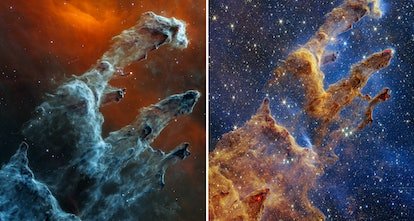 la vue dans l'infrarouge moyen du télescope spatial James Webb de la NASA sur les piliers de la création ;  James Webb S...