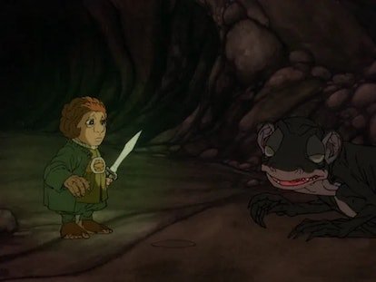 Bilbo (Orson Bean) et Gollum (Theodore Isidore Gottlieb) dans 