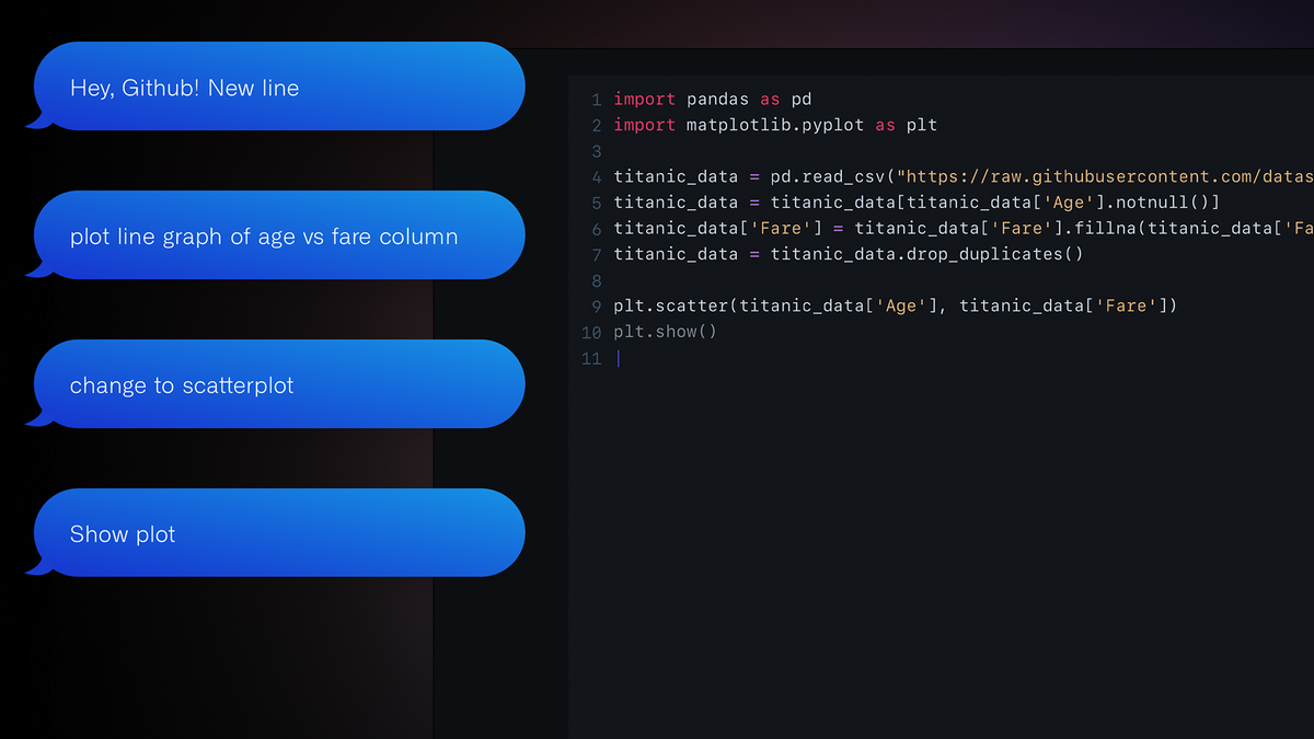 Un exemple d'utilisation "Salut GitHub" commandes vocales pour écrire du code avec le CoPilot AI.