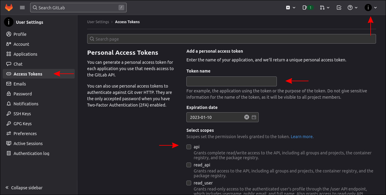 image de la création d'un jeton d'accès personnel dans GitLab