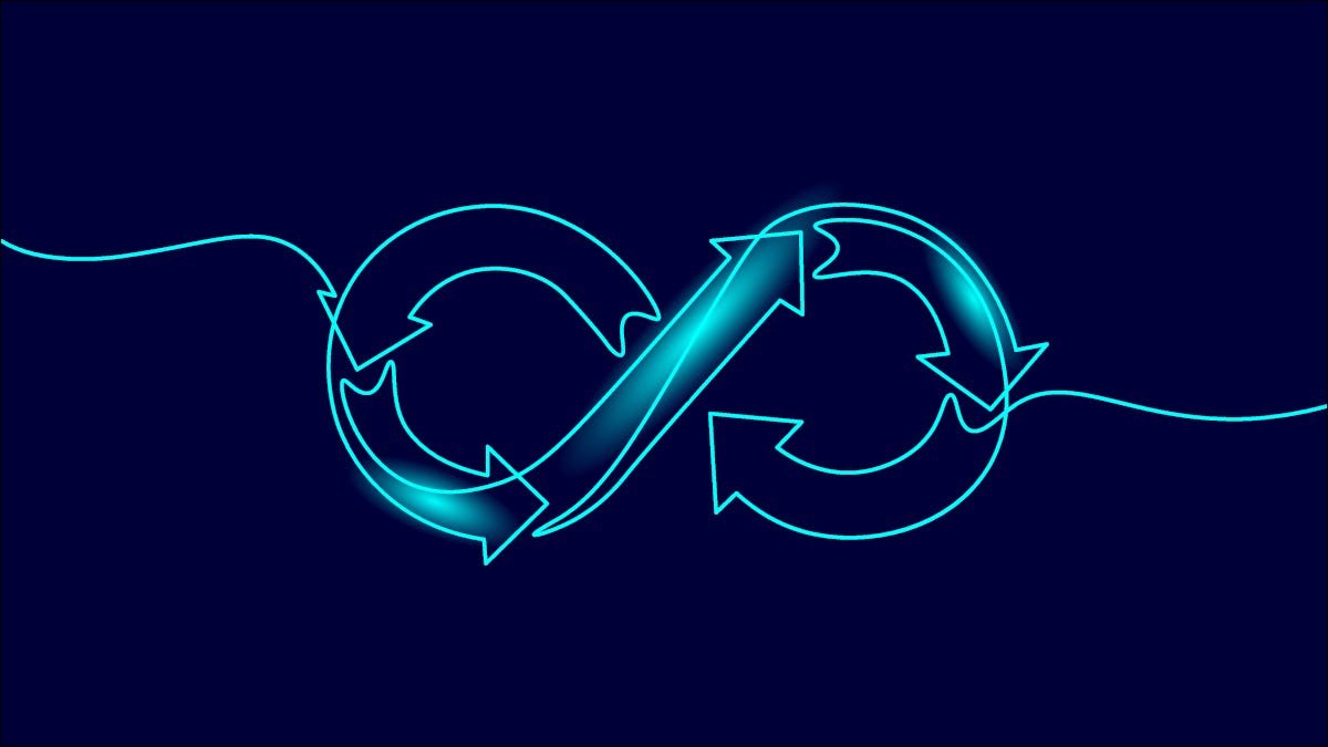 Illustration montrant des flèches semblant circuler dans un symbole d'infini, représentant la boucle DevOps