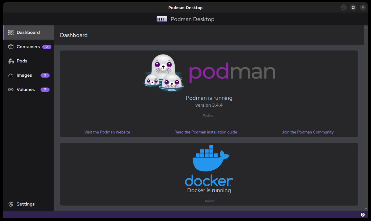 image du tableau de bord de Podman Desktop