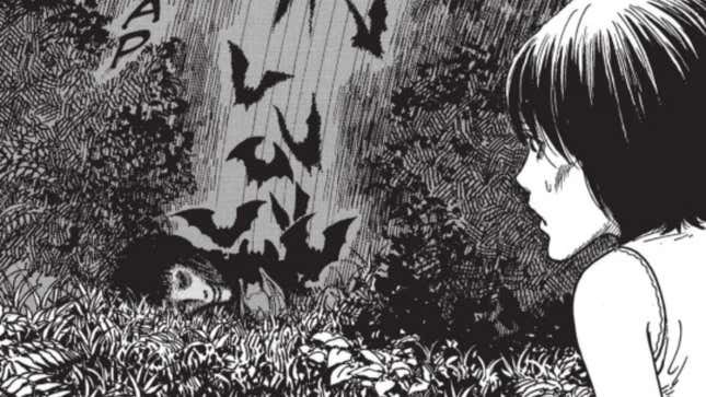 Panneau de Bloodsucking Darkness de Junji Ito montrant Nami regardant un troupeau de chauves-souris vampires.