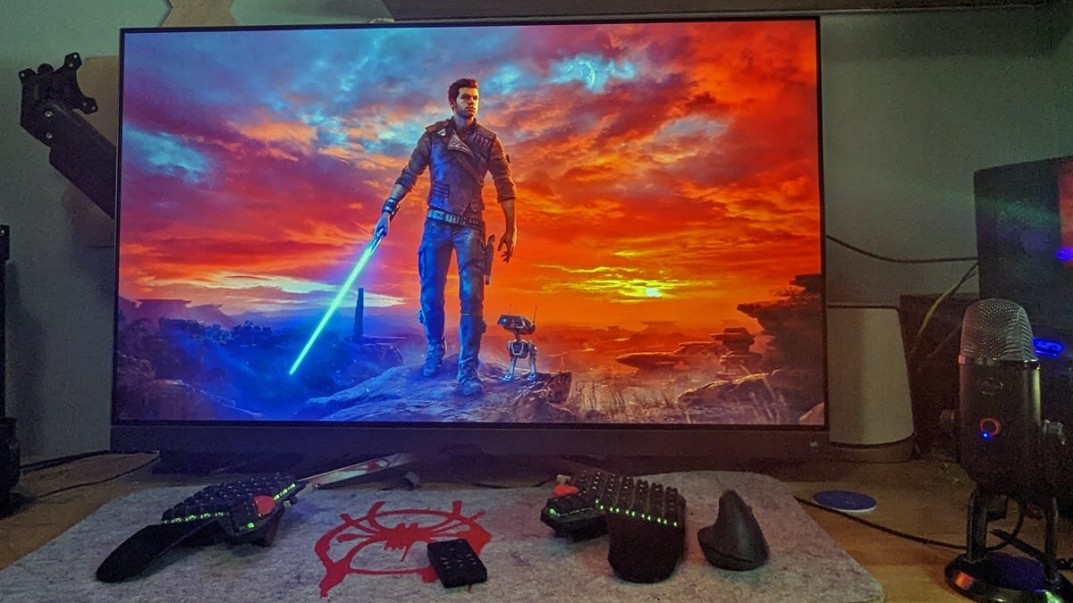 Un moniteur BenQ OLED avec 'Star Wars : Jedi Survivor' sur l'écran