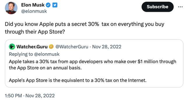 Une lecture de tweet Musk "Saviez-vous qu'Apple impose une taxe secrète de 30 % sur tout ce que vous achetez via son App Store ?"