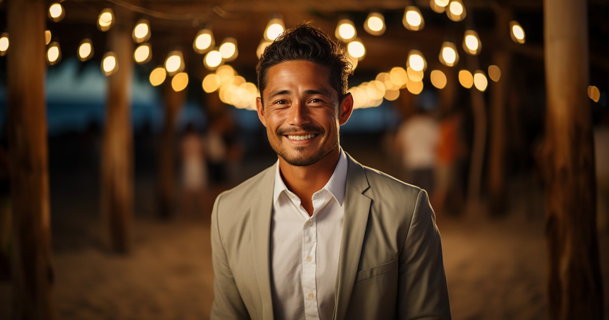 homme asiatique en costume beige et chemise blanche lors d'une réception de mariage sur une plage tropicale la nuit