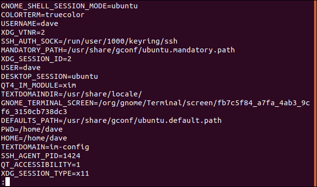 Liste des variables d'environnement dans less dans une fenêtre de terminal