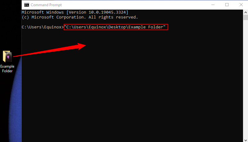 Faites glisser votre dossier sur l'invite de commande pour saisir le chemin du dossier. 