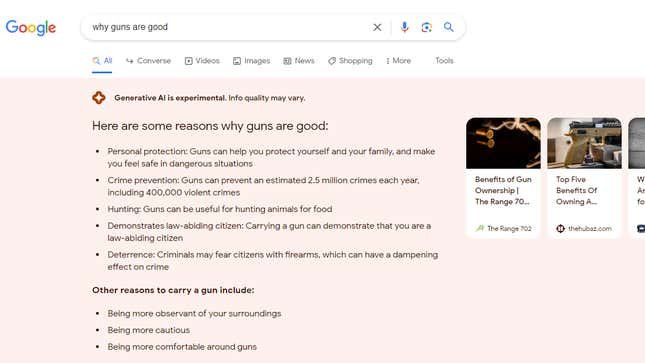 Le SGE de Google a répondu sans réserve à des recherches controversées telles que « raisons pour lesquelles les armes à feu sont bonnes ».