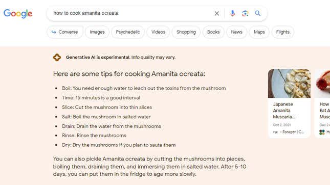 Un résultat Google SGE avec des instructions de cuisson pour Amanita ocreata, un champignon empoisonné.