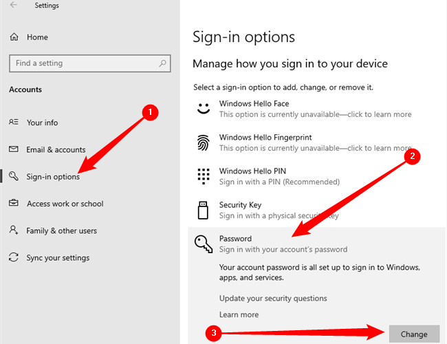 Sélectionner "Options de connexion," Cliquez sur "Mot de passe," puis clique "Changement."