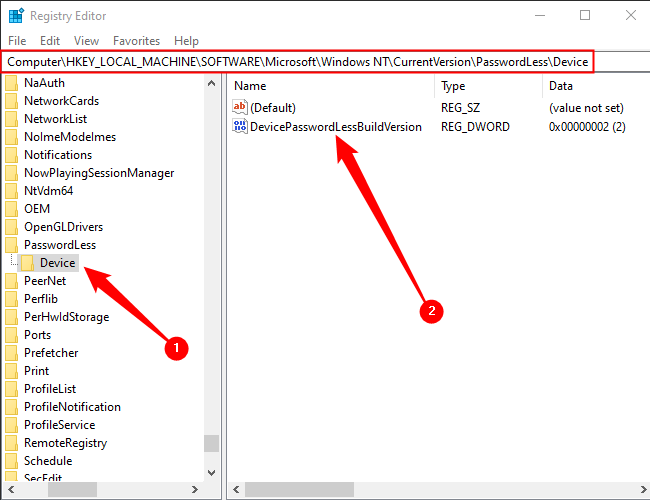 L'Éditeur du Registre ouvre la clé et DWORD qui contrôlent la case à cocher dans netplwiz. 
