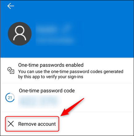 Robinet "Supprimer le compte" dans Microsoft Authenticator.