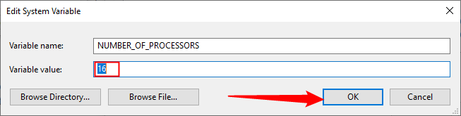 Modifiez le nombre de variables environnementales des processeurs, puis cliquez sur 