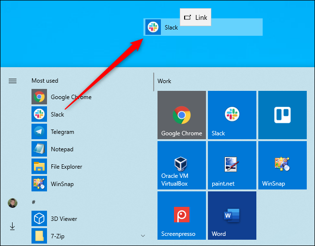 Création d'un raccourci sur le bureau à partir du menu Démarrer de Windows 10