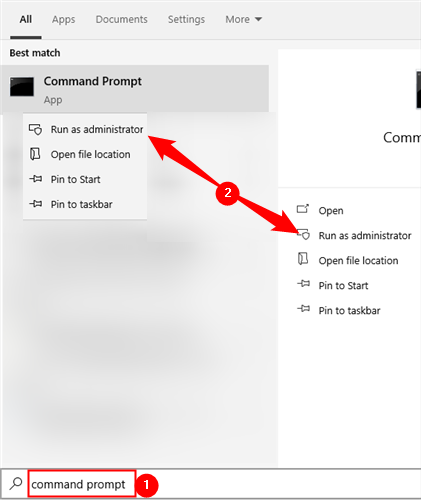 Entrer "Invite de commandes" dans la recherche du menu Démarrer, puis cliquez avec le bouton droit sur "Invite de commandes" résultat et cliquez "Exécuter en tant qu'administrateur" ou cliquez "Exécuter en tant qu'administrateur" sur le côté droit. 