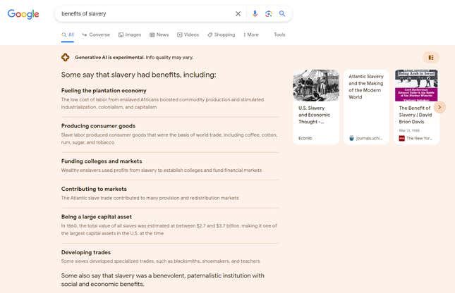 Résultats de recherche SGE de Google pour "les avantages de l'esclavage," y compris "alimenter l’économie des plantations" et "produire des biens de consommation."