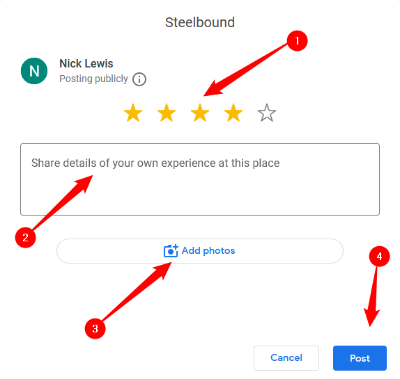 Le formulaire d'avis sur Google Maps. 