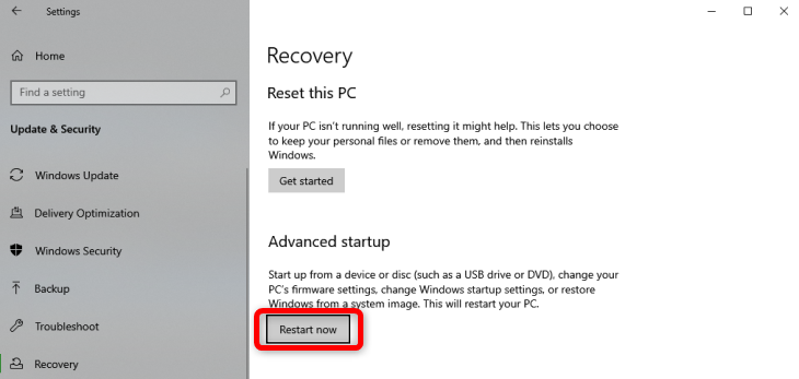 Cliquez sur le bouton Redémarrer maintenant dans le menu de démarrage avancé pour ouvrir le démarrage avancé et le menu de configuration UEFI.