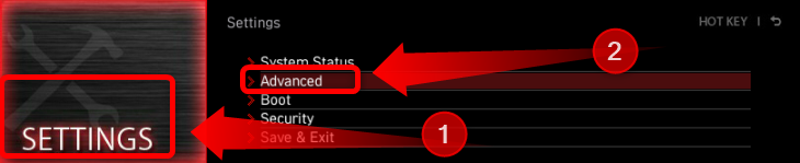 Une fois que vous avez ouvert la configuration BIOS/UEFI de votre système, cliquez sur le bouton Paramètres, puis ouvrez l'onglet Avancé.