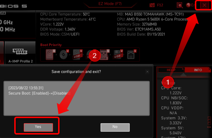 Après avoir modifié l'option Secure Boot, quittez le menu de configuration UEFI et assurez-vous d'enregistrer votre configuration avant de quitter.