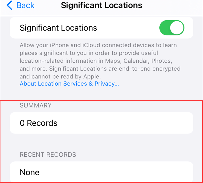 Les sections Résumé et Enregistrements récents sont vides sur cet iPhone car nous gardons généralement cette option désactivée. 
