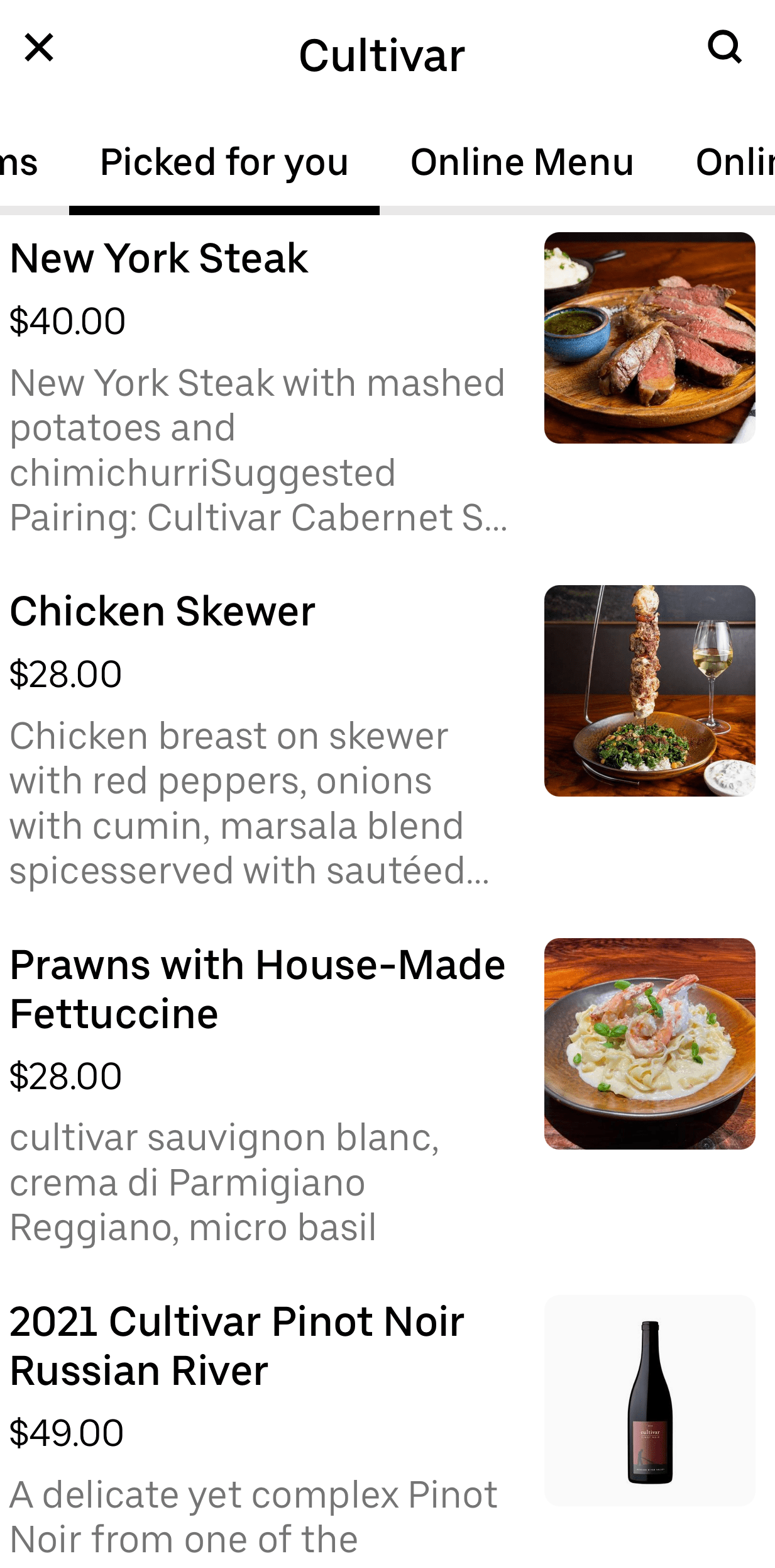 Exemple de menu über eats