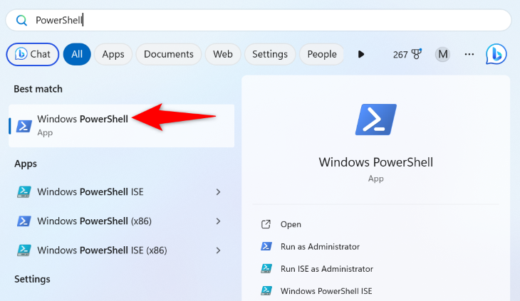 Sélectionnez PowerShell.