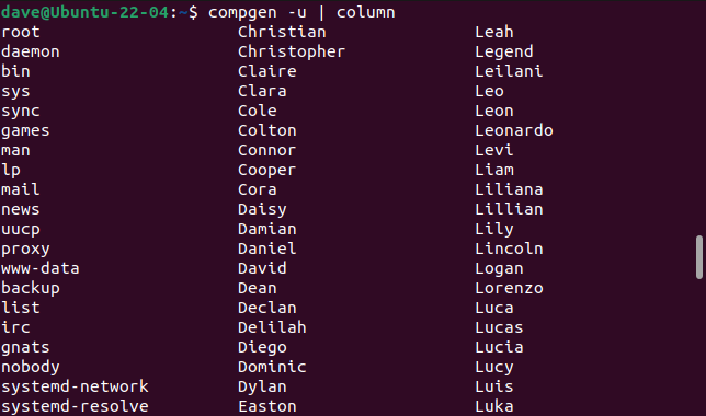 Utilisation des commandes compgen et column pour répertorier les noms de comptes utilisateur du fichier /etc/passwd en colonnes