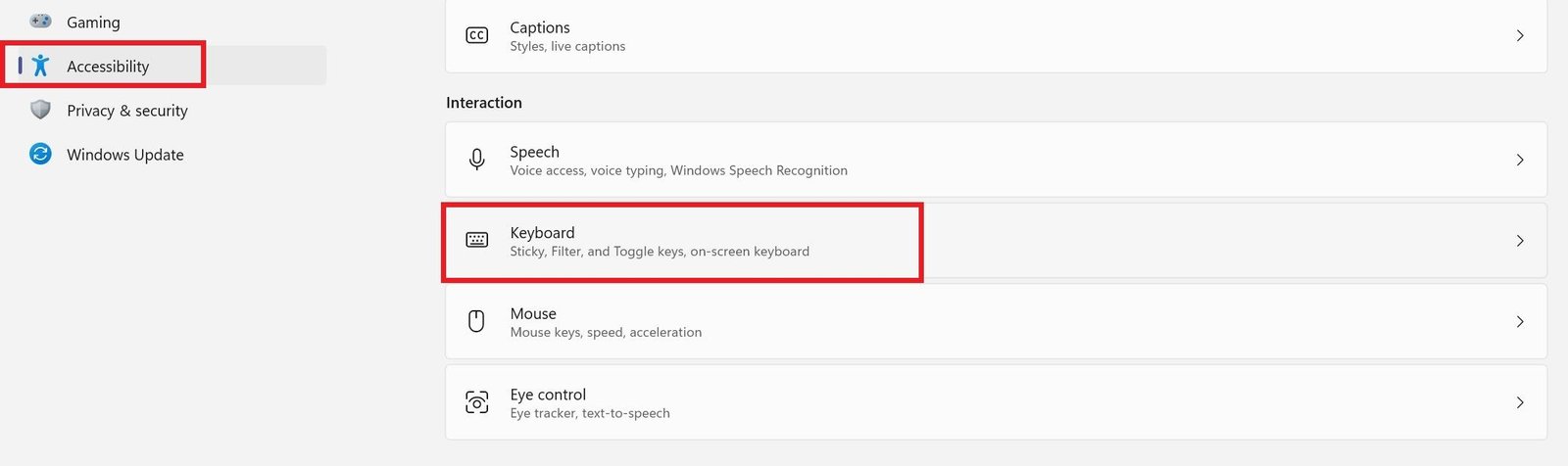 Ouverture des paramètres du clavier dans l'onglet accessibilité de l'application des paramètres Windows