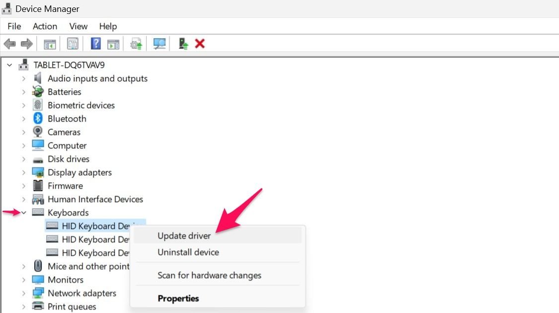 Mise à jour des pilotes de clavier dans le gestionnaire de périphériques 