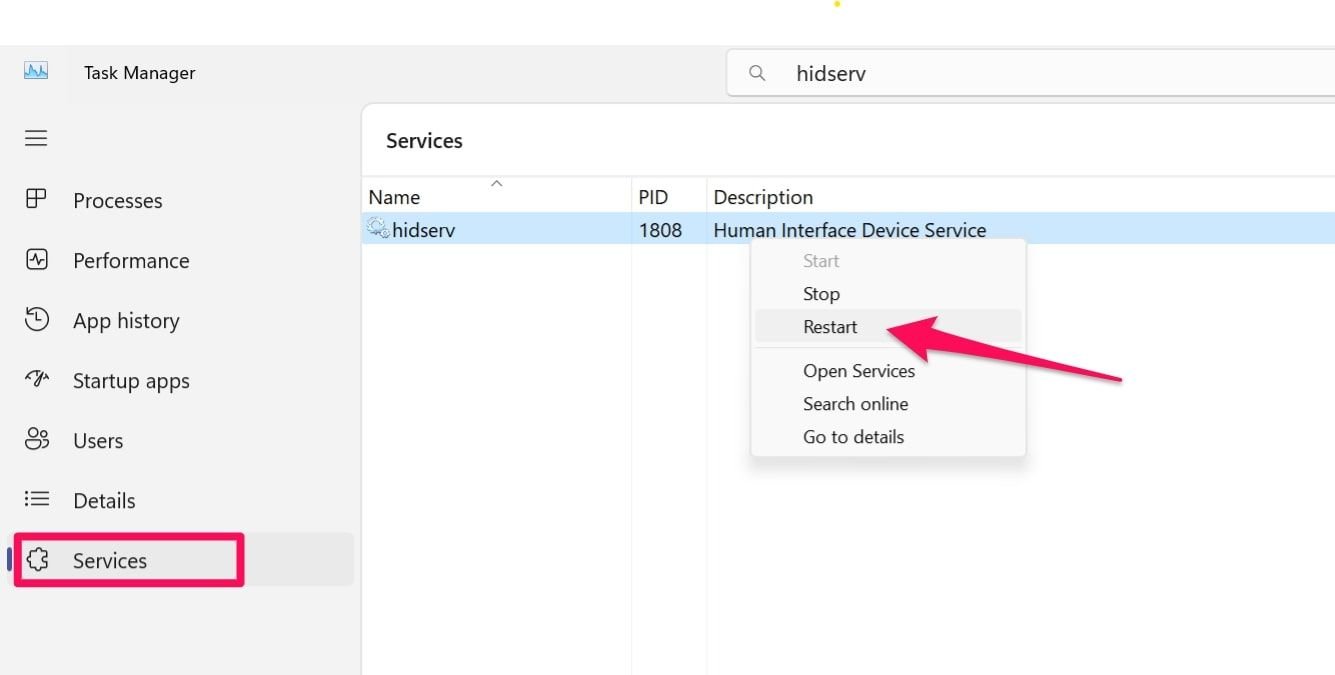 Redémarrage du service hidserv à partir du gestionnaire de tâches sous Windows