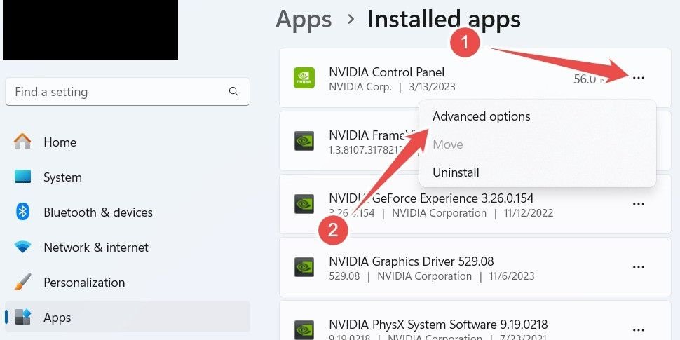 En cliquant sur « Options avancées » dans le menu du panneau de configuration NVIDIA dans la page Applications installées dans Paramètres