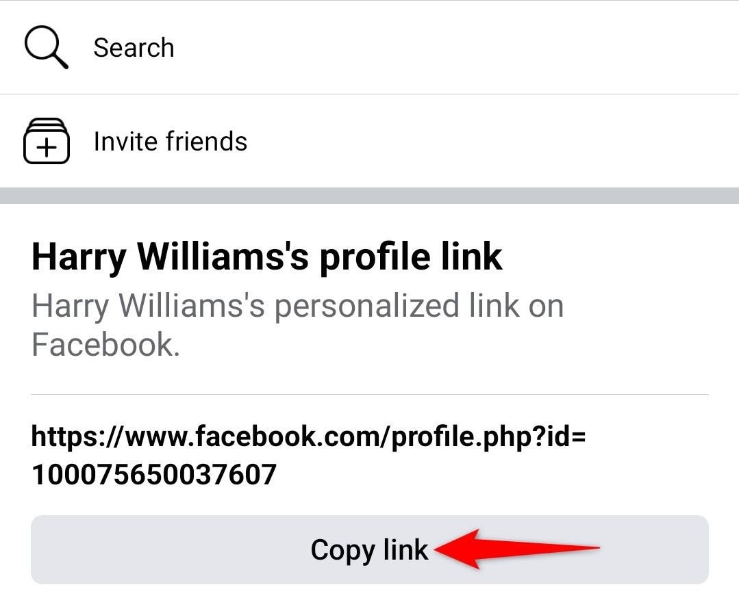 « Copier le lien » mis en évidence pour un profil dans l'application mobile de Facebook.