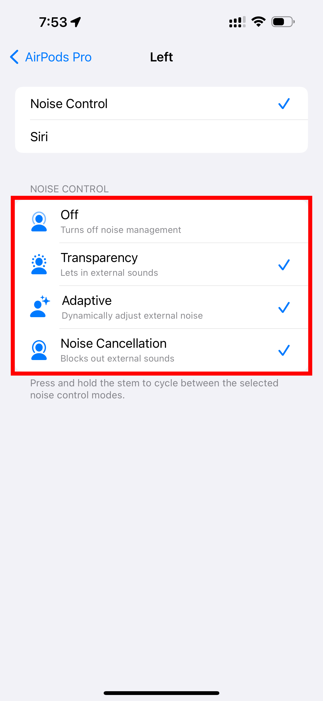 L'application Paramètres de l'iPhone présente les options de contrôle du bruit pour l'AirPod droit.