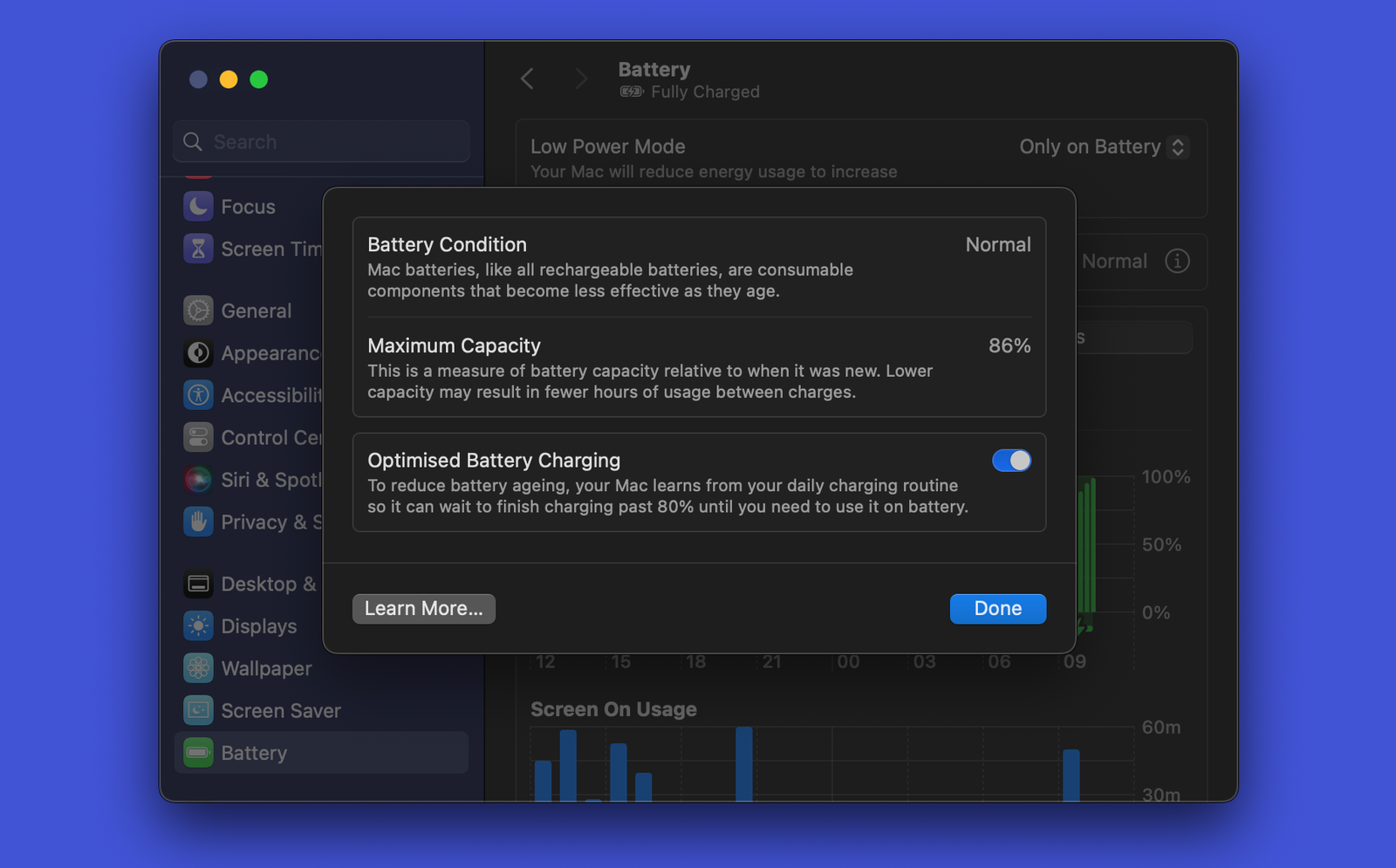 L’écran État de la batterie sous macOS.