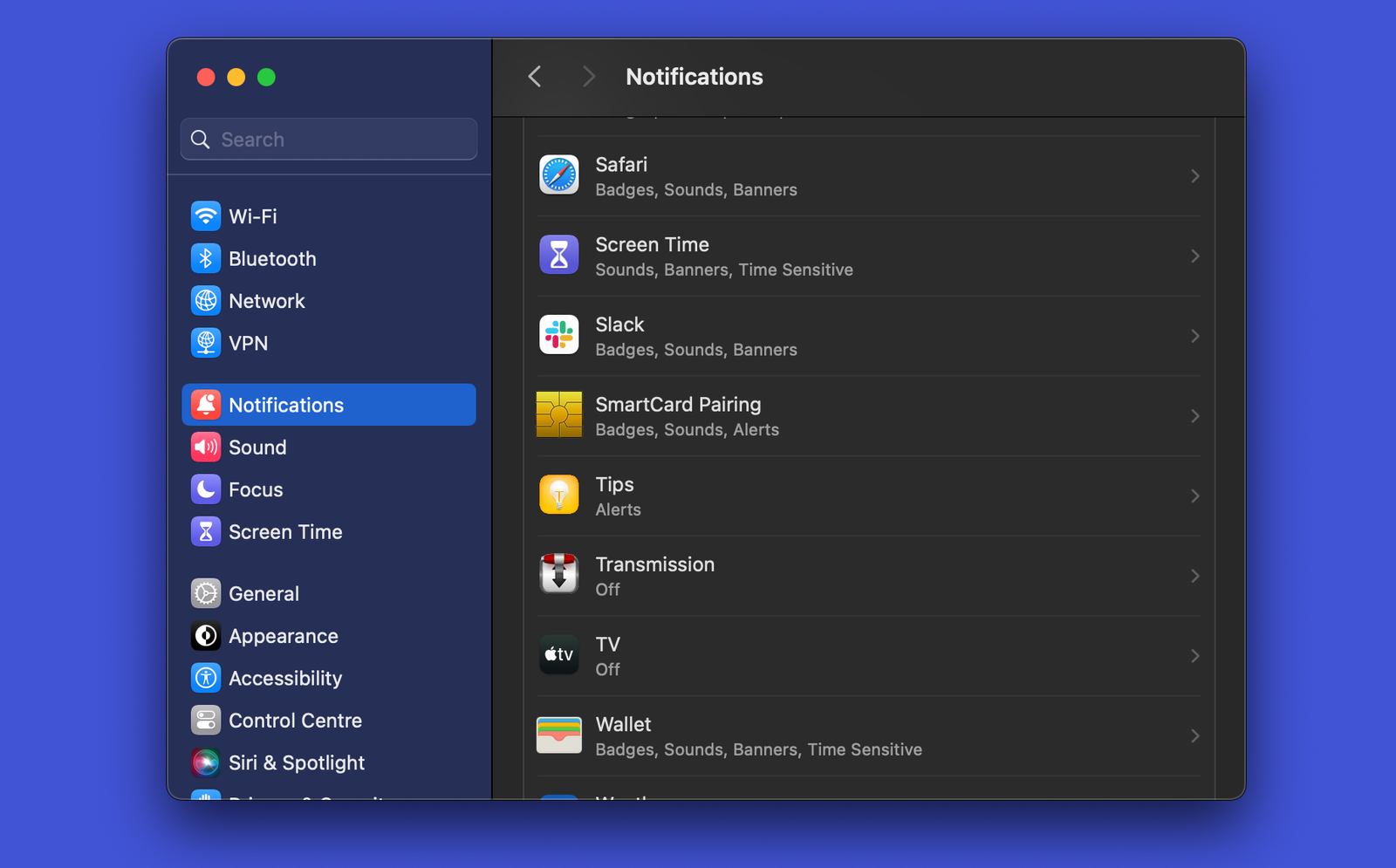 Les paramètres de notifications dans macOS.