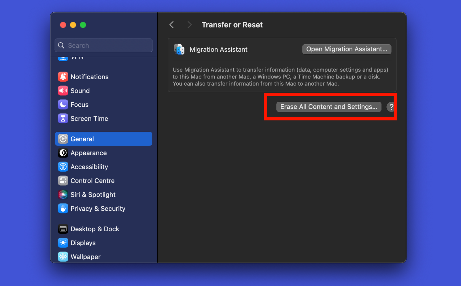L'assistant d'effacement dans les paramètres système sous macOS.