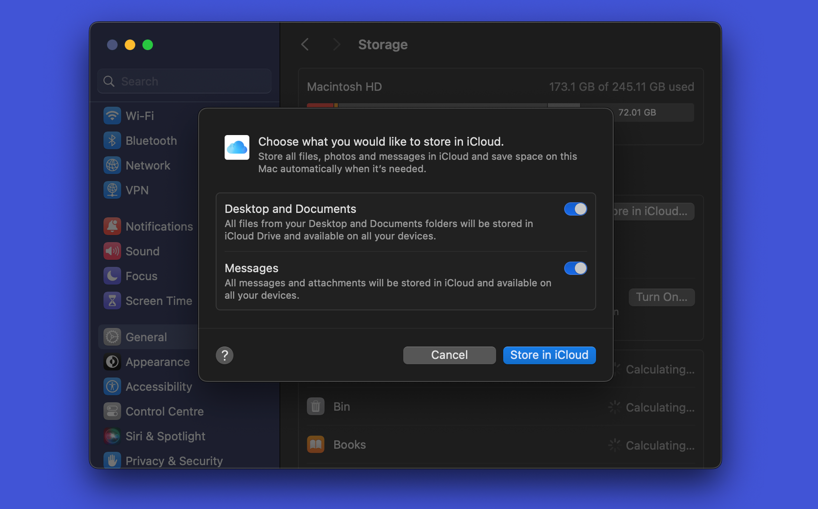 Stocker sur l'écran iCloud.