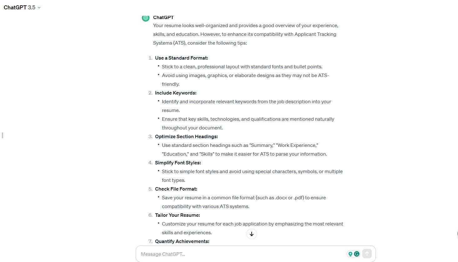 ChatGPT fournit des recommandations sur l'optimisation d'un CV pour les systèmes de suivi des candidats (ATS)