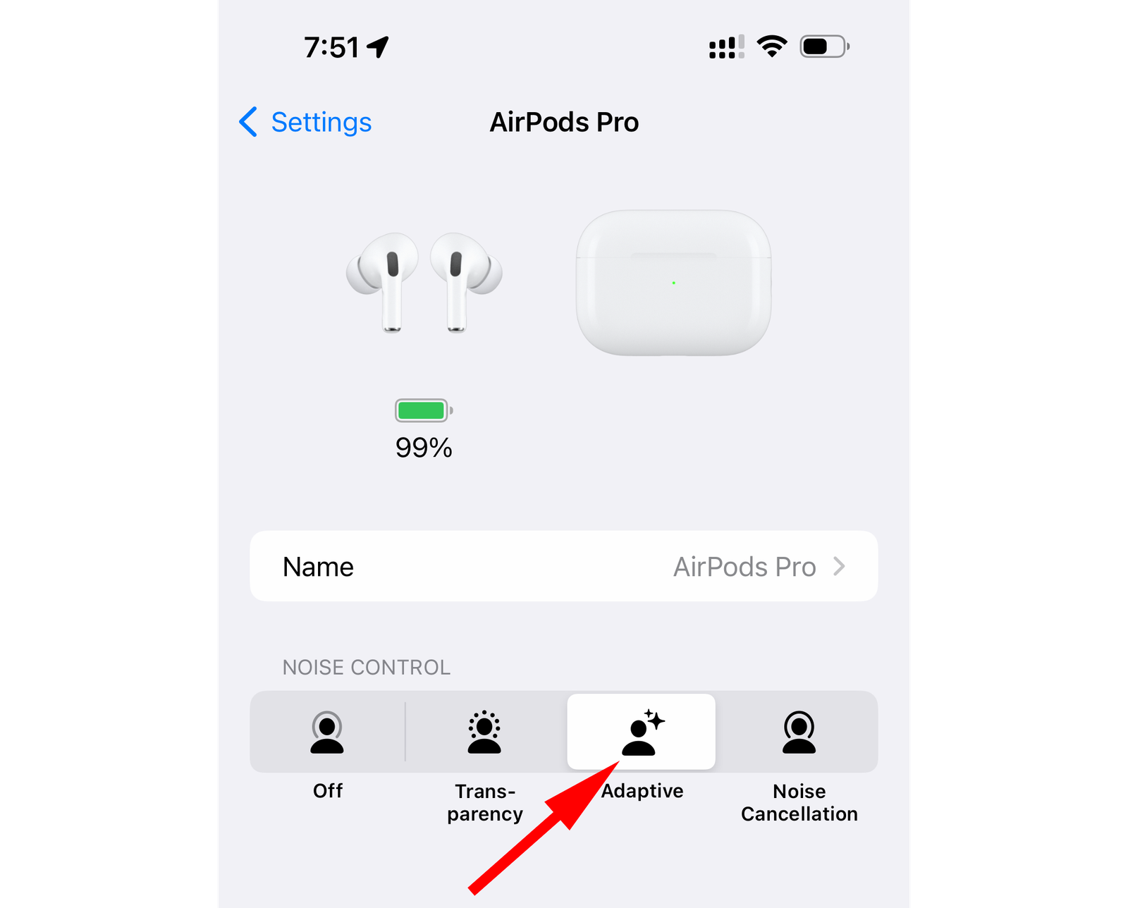 Paramètres AirPods sur iPhone avec l’option Adaptative annotée dans la section Contrôle du bruit.